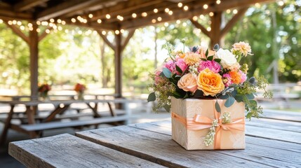 Vibrant Floral Arrangement Adorns Rustic Outdoor Dining Space