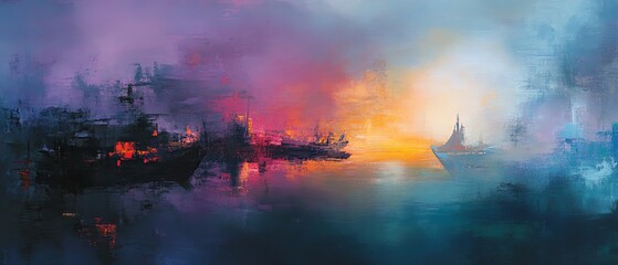 Side view of a dystopian landscape, abstract expressionism, dark color palette, futuristic decay, emotional depth