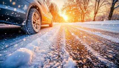 Winter Driving Safety Car navigating a snow-covered road, bathed in the golden glow of sunrise.
