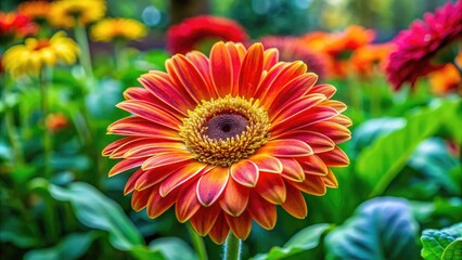 Vibrant Gerbera Flower Blooming in a Garden Setting with Bright Colors and Lush Greenery Surrounding It