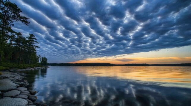 Low-level stratocumulus clouds gather in the dawn sky, creating a stunning and serene scene of nature's beauty as the first light of day illuminates the fluffy formations