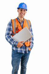 vertical Engineer holding his laptop while looking at camera wearing orange vest and safety helmet