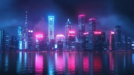 Dazzling Neon Metropolis: Shimmering Skyscrapers Reflected in the Night River