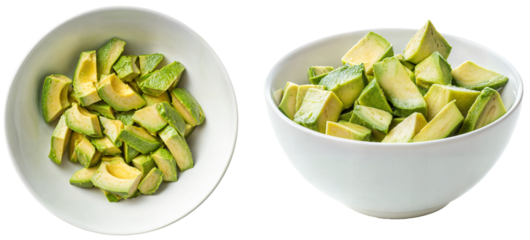 Bundle of freshly chopped avocado pieces in a white bowl, displayed on a transparent background, ideal for culinary design, recipe development, or healthy food concepts