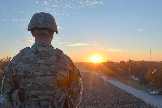 Us soldier watching the sunrise over a gathering of soldiers