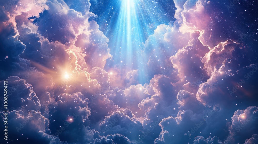 Poster the sky showcases a stunning display of colors and textures, with soft, fluffy clouds illuminated by