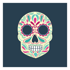 Beautiful decorated skull with rose in turquoise blue and pink colors as a The day of dead or dia de los muertos. Hand drawn vector flat colored illustration. Mexican traditional holiday