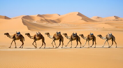 Fototapeta premium A herd of one-humped camels traversing the Sahara Desert in Mauritania, illuminated by harsh dawn light while searching for food and water in West Africa