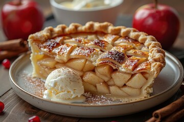 USA: Apple Pie A golden-brown pie with a lattice crust, filled with cinnamon-spiced apple slices, served with a scoop of vanilla ice cream melting on the side