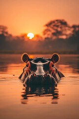 A serene sunset view featuring a hippo in calm waters.