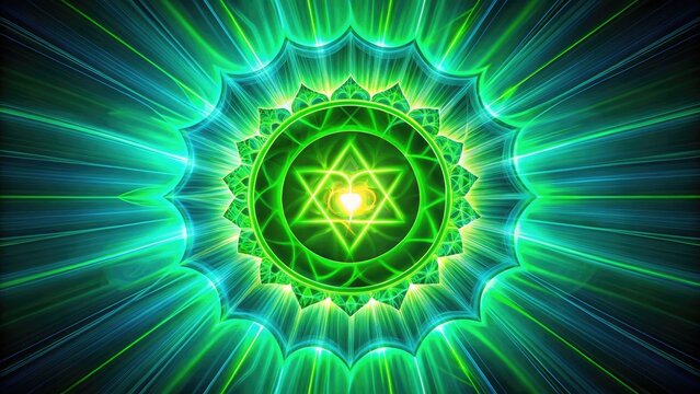 Vibrant Heart Chakra Symbol with Radiant Energy Waves and Green Color Palette for Healing and Balance