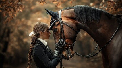 The rider softly brushes her horse, showcasing their deep connection amidst a backdrop of autumn leaves in a peaceful forest setting