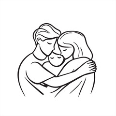 A simple line drawing of a family , young couple, teenage children. vector illustration
