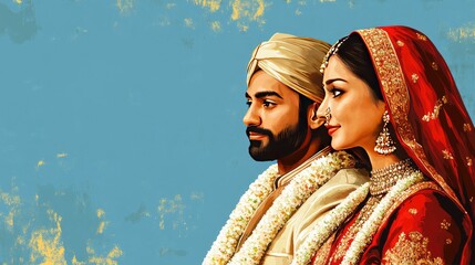 Indian wedding couple in traditional dress. Perfect for wedding, love, and culture themes.