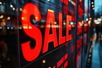 Vibrant red “SALE” sign on glass, blurred lights in background.
