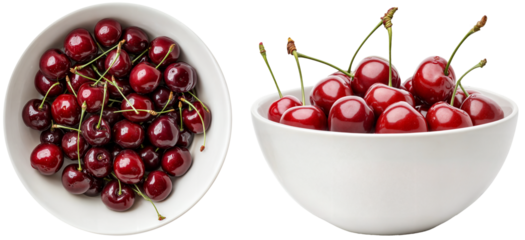 red cherries with stems in a white bowl, displayed on a transparent background, ideal for food photography, healthy eating concepts, or summer recipe designs