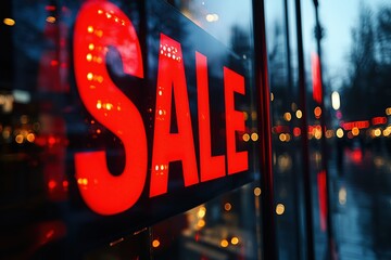 Vibrant red “SALE” sign on glass, blurred lights in background.

