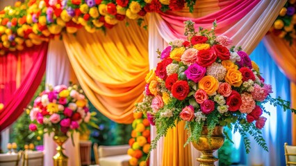 Fototapeta premium Vibrant Indian Wedding Flower Decor with Colorful Floral Arrangements and Elegant Drapery Accents