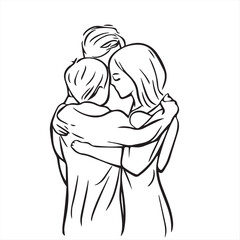 A simple line drawing of a family , young couple, teenage children. vector illustration
