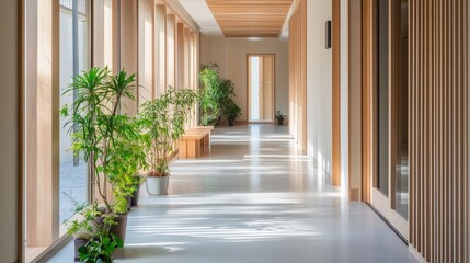 Modern hallway with natural light and greenery