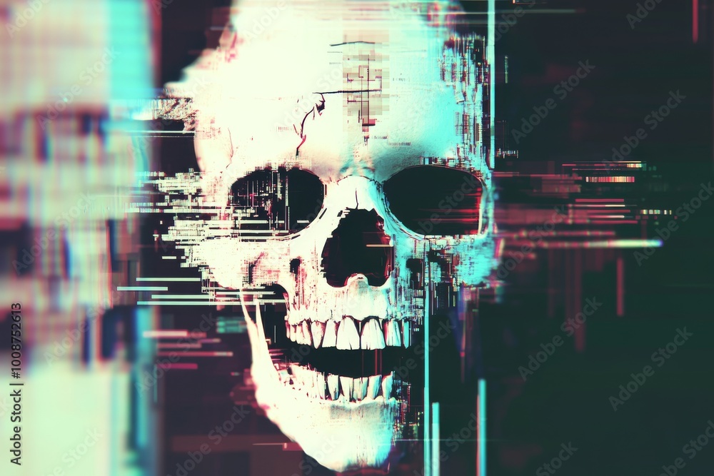 Poster 3d rendering of an abstract blue glitch skull hologram on dark background. a virus, crime and hackin
