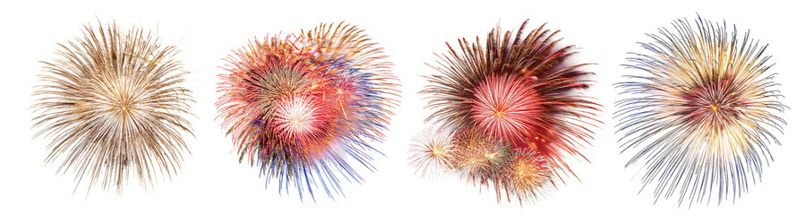 Set of Colorful Fireworks for New Year Celebration on transparent background cutout, PNG file.