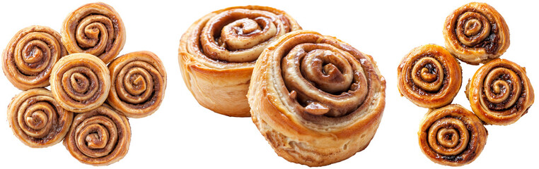 Fototapeta premium Set of cinnamon rolls with glossy glaze, arranged in groups and individual rolls, on a transparent background for bakery or dessert design projects