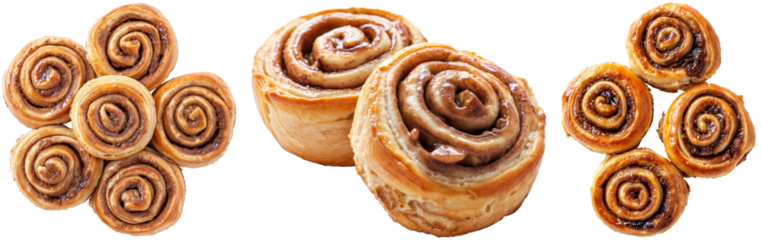 Set of cinnamon rolls with glossy glaze, arranged in groups and individual rolls, on a transparent background for bakery or dessert design projects