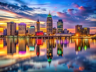 Fototapeta premium Vibrant Louisville Cityscape at Dusk with Illuminated Skyline and Reflections on the River