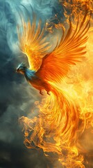 Obraz premium Phoenix soaring, magical sky, its feathers brilliant, golden blue interwoven, wings spread out, flames swirling, mysterious light, surreal style, panoramic view, telephoto lens, soft light, dynamic bl