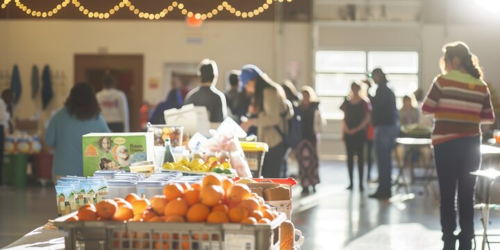 Food distribution event in a community center with fresh  produce and people in the background