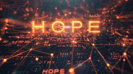 Glowing "Hope" Text Amidst Digital Data Stream in Futuristic Design