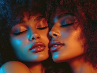 Obraz premium Intimate and vibrant image of two Afro women in neon light with LGBT theme, AI generated