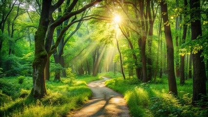 Obraz premium Sunbeams Filtering Through Lush Forest Canopy, Illuminating Winding Path