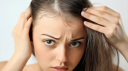 Fototapeta premium The young woman was worried about her hair falling out. She had been brushing her hair and noticed a lot of hair coming out. She was concerned about losing her hair and was looking for solutions.