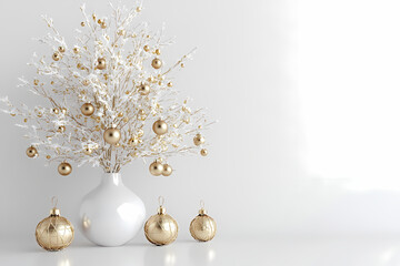 Fototapeta premium Minimalist Christmas Tree with Golden Baubles and Ornaments on White Backdrop