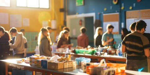 Charity day event in a room with tables of donated items, where people take what they need,  symbolizing community support and generosity