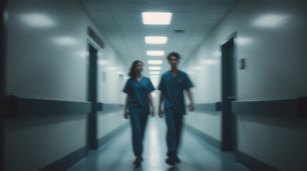 A bright and clean hospital corridor with two young doctors in scrubs