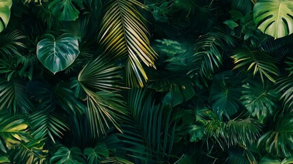 Tropical foliage featuring palm leaves and exotic plants. Vibrant green wallpaper seamless pattern