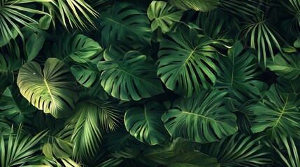 Tropical foliage featuring palm leaves and exotic plants. Vibrant green wallpaper seamless pattern