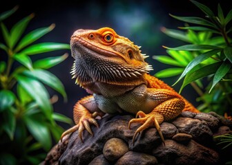 Obraz premium Vibrant Orange Bearded Dragon Resting on a Rock Surrounded by Lush Green Foliage in Natural Habitat