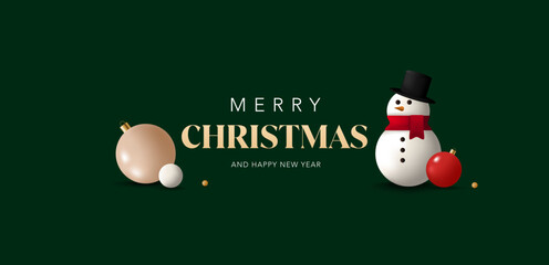 Christmas  banner template with snowman, red and beige Christmas ornaments and shiny gold balls. Realistic, 3d vector illustration for new year, xmas, holiday season, festive, sale, promo, flyer, ads 