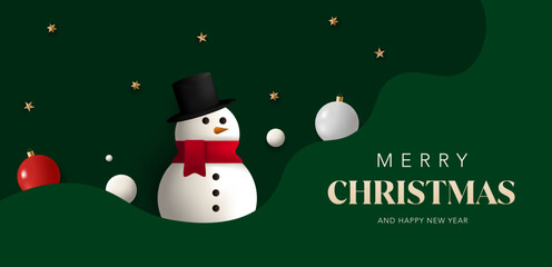 Fototapeta premium Merry Christmas greeting banner. Xmas template with snowman, white and red Christmas tree ornaments, snowball and stars with green background. Vector for new year, holiday season, festive, sale, ads.