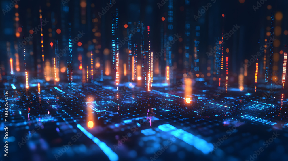 Poster futuristic data stream 3d illustration. data transfer technology. cyberpunk, big data and cybersecur