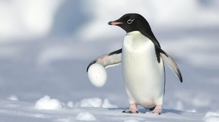 Obraz premium A penguin stands on snow, holding an egg in its flipper, showcasing nurturing behavior.