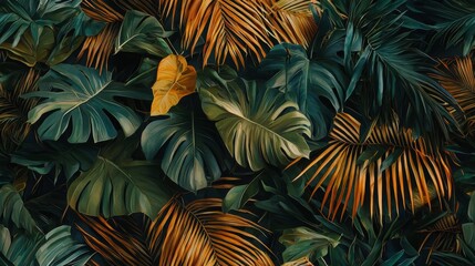 Tropical foliage featuring palm leaves and exotic plants. Vibrant green wallpaper seamless pattern