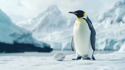 Fototapeta premium A solitary emperor penguin stands beside its egg in a snowy, icy landscape.