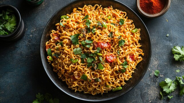 Top view of masala maggi noodles, a quick and flavorful dish for South Asian kids