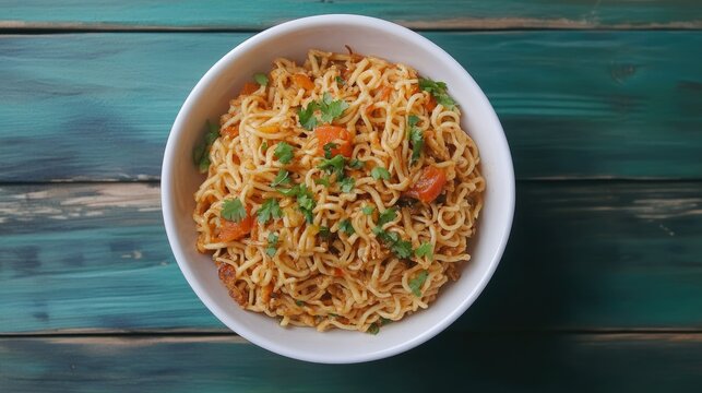 Top view of masala maggi noodles, a quick and flavorful dish for South Asian kids