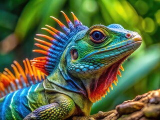Obraz premium Vibrant Philippine Sailfin Lizard Displaying Its Colorful Fins in a Natural Tropical Habitat